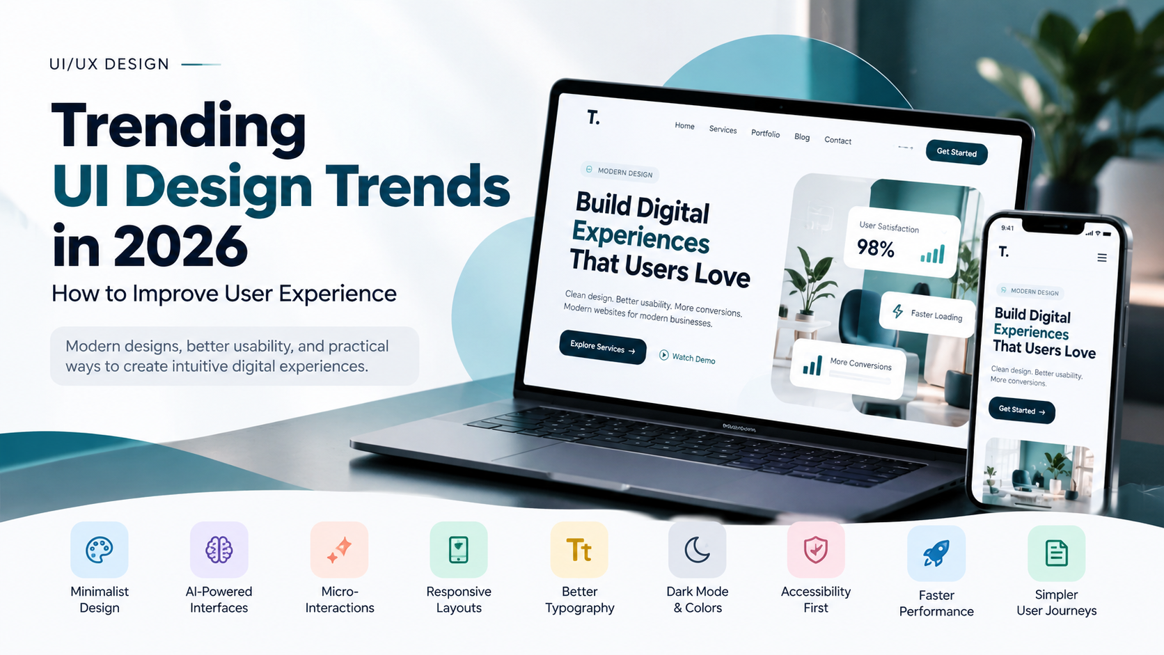 Trending UI design trends in 2026 featuring responsive web design, AI interfaces, accessibility, and improved user experience.